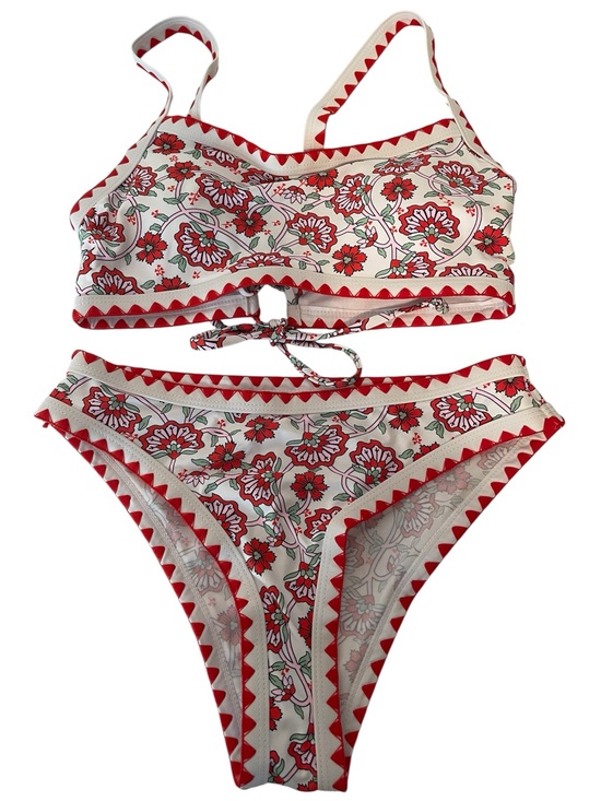 Other - Boho Floral Red Trim Two-Piece Women's Swim Bikini Set